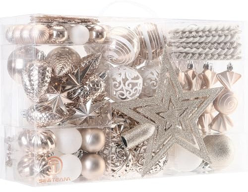 Sea Team 130-Pack Assorted Shatterproof Plastic Christmas Ball Ornaments Set, Decorative Baubles, Pendants, Decorations with Tree Topper Star for Xmas Tree, Wreath, Garland（Champagne）