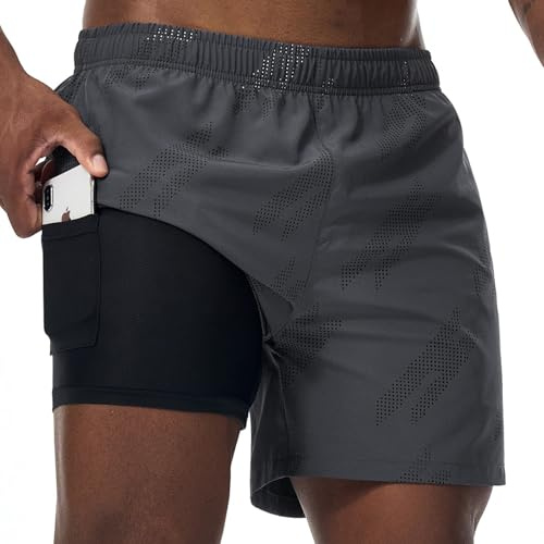 Danfiki Löparshorts för män, gym, 2 i 1 sport, andningsbar, atletisk träning, kort kompressionsfoder, utomhusträning med fickor, Mörkgrått, S