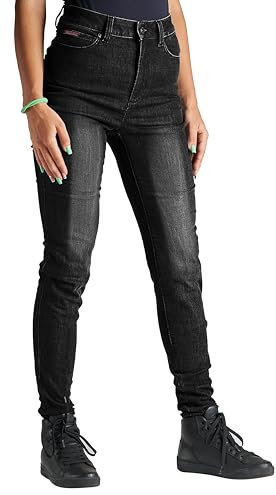 Bikers Gear Australia BGA - Pantalones vaqueros de motocicleta para mujer, pantalones de moto Kevlar, elásticos, lavado a la piedra, con armadura extraíble para cadera y rodilla, gris, 42