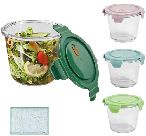 YBCCBY 4-Cup Glass Food Storage Containers with Lids, 750ML Airtight Round Soup Bowls, Microwave, Dishwasher & Freezer Safe, BPA-Free, Includes 1 Dish Brush - Ideal for Meal Prep & Leftovers