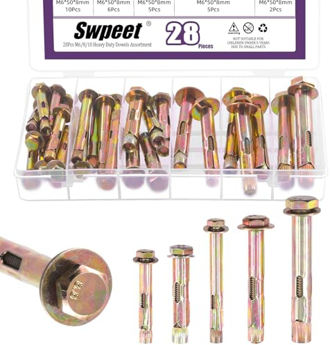 Swpeet 28 st 5 storlekar M6/M8/M10 kolstål-expansion-skruvar, sortiment-kit, 50 mm/70 mm/80 mm expanderande rawl-skruvar, hex-mutter-expansion-hylsa, ankarbultar för betong, tegel