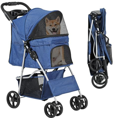 DWVO Poussette pour chien et chat de taille moyenne jusqu'à 15 kg, pliable, avec fenêtre en filet et porte-gobelet, panier de rangement, bleue