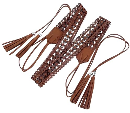 CALFOVERA 169 x 2.85cm PU Leder Boho Gürtel Mit Geflochtener Quaste Vintage Stil Bohemian Stil Hohler Knotenbund Mit Wachsseil Western Ethno Makramee Hüftgürtel Für Damen Kleider (Kokosnussbraun)
