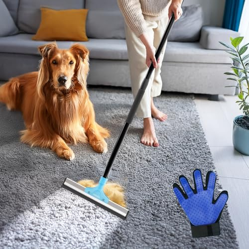 OKKÖBI Carpet Rake for Pet Hair Removal – Carpet Scraper & Pet Fur Rake – Dog & Cat - Animal Fur Broom for Rugs & Furniture with Adjustable Lengths - Blue
