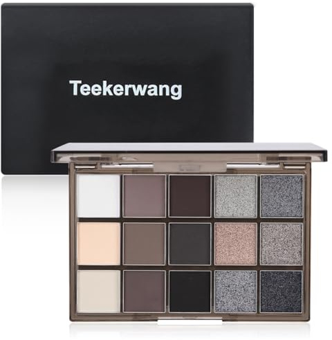 Teekerwang 15 Colors Black White Smokey Eye Shadow Palette Makeup, Dark Grey Smokey Goth Makeup Pallet, Neutral Matte Shimmer High Pigmented Basic Black White Gray Eyeshade for Halloween (15 Colors)