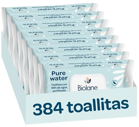 Biolane Lot de 384 lingettes pour bébé (8 packs de 48 unités), 99% d'eau purifiée, 4 ingrédients seulement, sans parfum, peau sensible, nouveau-né, fibres 100% végétales, sans plastique
