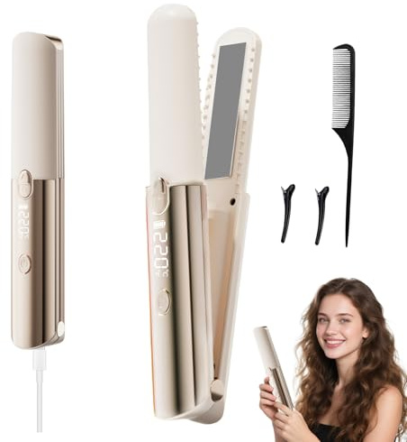3 in 1 Cordless Hair Straighteners Curler,Mini Flat Iron Curling Wand with 5000mAh Long-Lasting Battery,220°C Max,Portable Hair Straightener with 7 Temp-Levels,Rechargeable Travel Straightener (Beige)