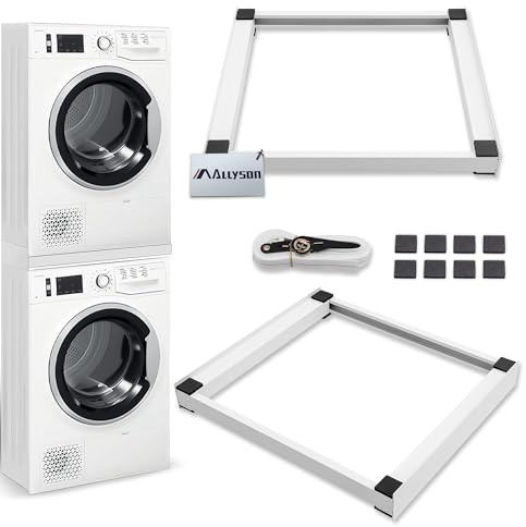 Allyson® Universal Zwischenbaurahmen für Trockner & Waschmaschine - Waschmaschinen Untergestell & Stapelrahmen Set Inkl. Spanngurt & 8 Anti Rutsch Pads, Podest Metall-Verbindungssatz für Bad & Keller