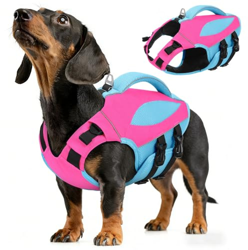AOFITEE Dog Life Jacket, Small Dog Life Vest for Swimming Boating, High Buoyancy Puppy Swim Vest Swimsuit with Rescue Handle, Adjustable Reflective Pet Lifesaver Lifejacket (Hot Pink with Blue S)