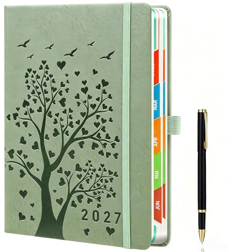 Agenda journalier 2027, format A5, vert olive, 1 jour par page, agenda 2027, quotidien 2027, avec motif arbre à cœur, calendrier 2027, élégant et élégant, couverture rigide