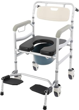 Toalettstol med hjul och hink | 3-i-1-duschstol och justerbar skötrullstol | mobil toalettrullstol för seniorer och funktionshindrade | Halkfria handtag och 4 bromsar | 172 kg