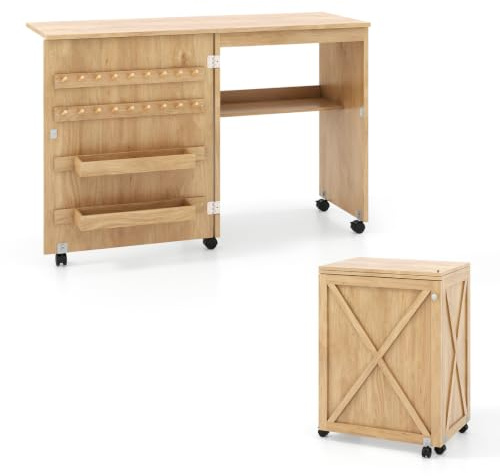 Multigot Folding Sewing Table, Rolling Drop Leaf Sewing Workstation Computer Desk with Storage Shelves, 18 Pegs and Lockable Wheels, Large Drafting Table Craft Hobby Desk (Natural)