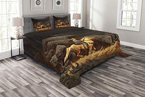 ABAKUHAUS Western Tagesdecke Set, Cowboy-Reitpferd, Set mit Kissenbezügen Ohne verblassen, für Doppelbetten 264 x 220 cm, Braun Gelb Grau