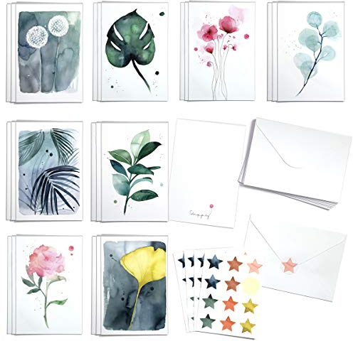 Süße Botanische Grußkarten, Box mit 24 Karten mit Umschlägen und Siegelaufklebern. Aquarell von Blule gemalt Dankeskarten für alle Gelegenheiten, blanko, für Wertschätzung, Geburtstag, Beileidskarten.