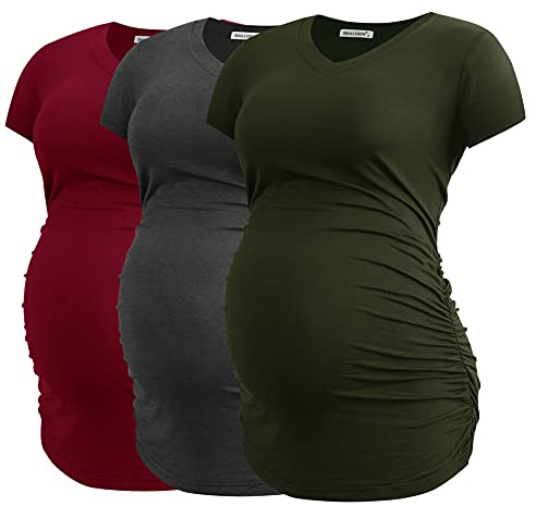 Smallshow T Shirt da Donna Premaman con Scollo a V Maglietta Gravidanza con Lati Increspati Set 3 Pezzi,Army Green-Deep Grey-Wine,XL