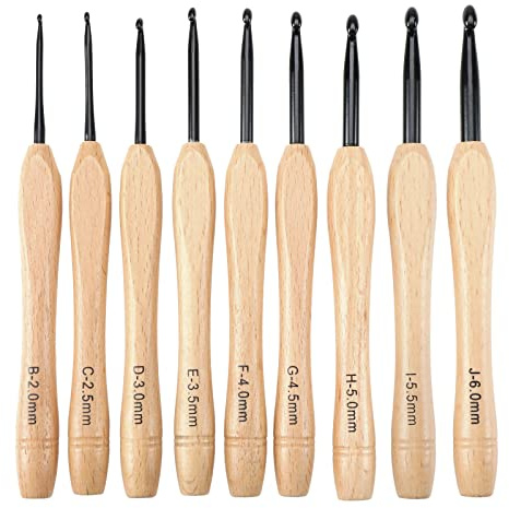EMSea 9PCS Crochet Hooks Set Knitting Needles Kit with Ergonomic Flat Handle Wooden Grip for Crocheting Lightweight Knitting & Crochet Supplies 2.0mm-6.0mm