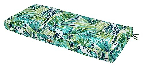 Magpie Fabrics Outdoor Bench Cushion 48 x 18 Inches, Settee Loveseat Pads with Handle and Ties for Garden Patio Backyard Porch Sofa Couch Swing (Green Palm Leaves)