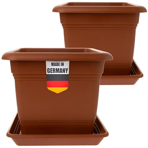 Vaso grande esterno 40 x 40 cm con sottovaso (set da 2) – Vaso da fiori grande esterno in plastica – Made in Germany – Fioriera grande esterno – Terracotta