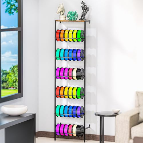 Wenfubrixa Support mural de rangement pour filament d'imprimante 3D, support de bobine de filament à 6 niveaux avec plateau en bois supérieur, support de rangement de filament en métal robuste pour