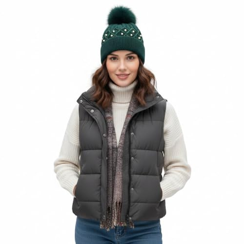 Party HuB Dam pärla sicksack stickad mössa hatt med pom pom – varm vinter ullmössa, fleecefodrad, mysig mössa för kallt väder, grön (Bottle green), one size