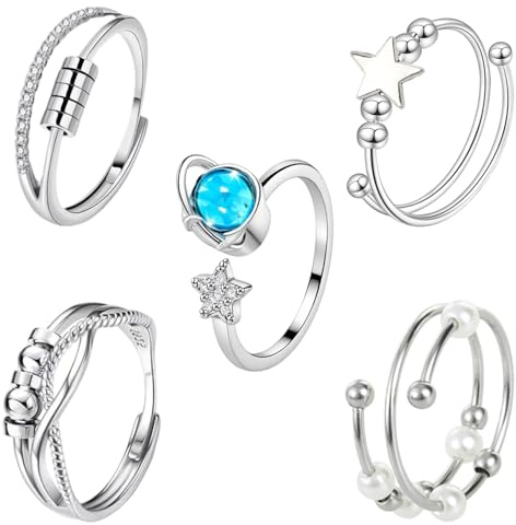 HTTDSLF 5 stycken silver ångestringar för kvinnor, anti-stress justerbar silver för kvinnor och män, spinner fidgetringar mot ångest för flickor och kvinnor, justerbar stapelbar för stresslindring