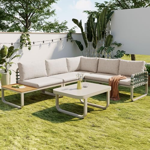 QXJVA Moderno juego de muebles de balcón para 4 – 5 personas, sofá exterior con mesa de cristal, grupo de asientos para jardín, ratán verde, 8 cm, cojines de fácil cuidado, juego de muebles de jardín