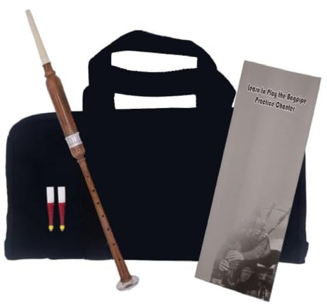 Scottish Highland Bagpipe Practice Chanter – Brown with Silver Mount | Includes Free Reeds, Carry Bag & Learning Book | Beginner & Professional Practice Instrument