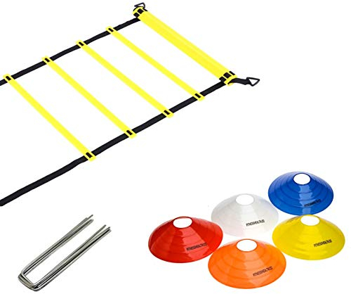 Fitness Health FH Speed Ladder 2m Trained Agility Ladder Bundle with 5 Sports Colour Cones and 6 Ground Staples | Performance Training Fast Footwork Drills Aid
