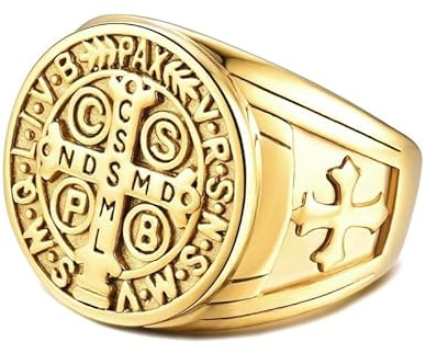 BOBIJOO JEWELRY - Anillo Anillo Anillo De Hombre De La Cruz De San Benito De Protección Demonio con Revestimiento De Acero Crudo De Oro - 31 (14 US)