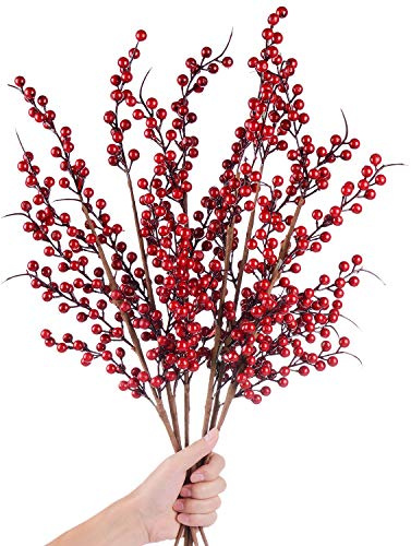 DearHouse 4 Pack Artificial Red Berry Stems Holly Christmas Berries for Festival Holiday Crafts and Home Decor, 26 Inches Burgundy Berry Floral Christmas Tree Decorations