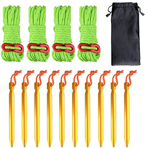 Azarxis Outdoors Tent Stakes Pegs with Reflective Guy Lines Ropes 13ft per Piece with Aluminum Cord Adjuster Tensioner for Camping Hiking Backpacking (10 Gold Pegs & 4 Fluorescent Green Cords - Φ4mm)