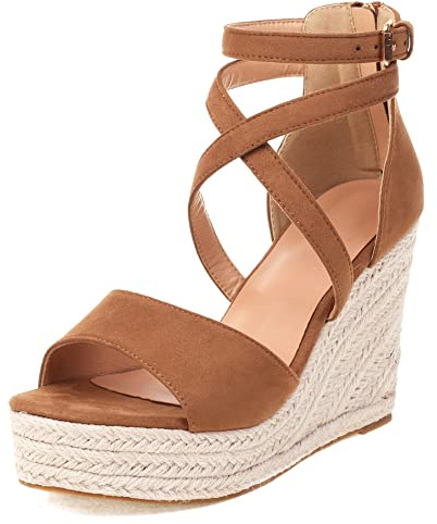 Lroey Reoly Espadrille à Talon Haut Femme, Sandales Bout Ouvert Elegant Compensées Chaussures Habillées avec Plateforme Boucle Bride Cheville, Taille 34-43