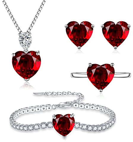 Loutade Juego de joyas de plata para mujer, 4 piezas de joyería de plata de ley 925 en forma de corazón, juego de amor con collar, pendientes, pulsera y anillos, colgante con cadena de plata de 925 de