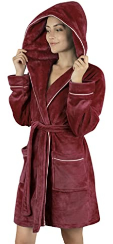 Gräfenstayn Peignoir Femme moelleux avec Capuche - Polaire moelleuse - Oeko-Tex Standard 100 - Peignor de bain Court - Taille (S, Rouge)