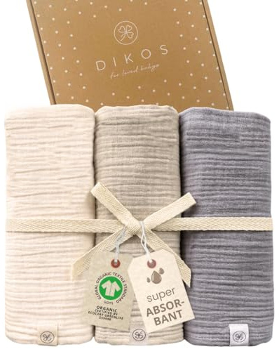 DIKOS Juego de 3 paños de Gasa para bebé, 64x64 cm, 100% algodón orgánico, Muselina, pañales, pañales de Gasa para recién Nacidos, Regalo para Nacimiento