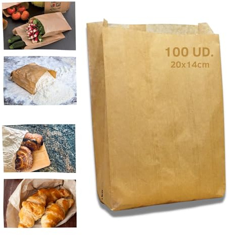 GRUPO DARIK Pack 100ud. Bolsas de Papel Kraft Marrón para Alimentos, 20x14 cm. Ideales para Panadería, Manualidades, Dulces, Bocadillos y Regalos.