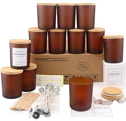 MILIVIXAY Paquete de 12 tarros de vela de vidrio ámbar esmerilado de 12 onzas con tapas y kits de fabricación de velas, tarros de vela vacíos a granel para hacer velas.