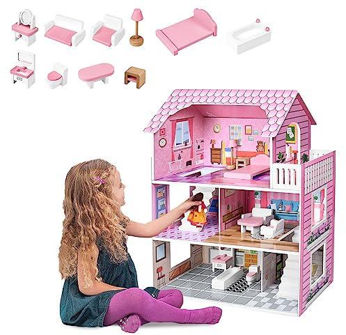 JOIEYOU Puppenhaus aus Holz Puppen Spielhaus 3 Etagen, 60x24x70cm Große Puppenvilla mit Möbeln und Zubehör Dollhouse Spielzeug für Mädchen und Jungen, Typ A