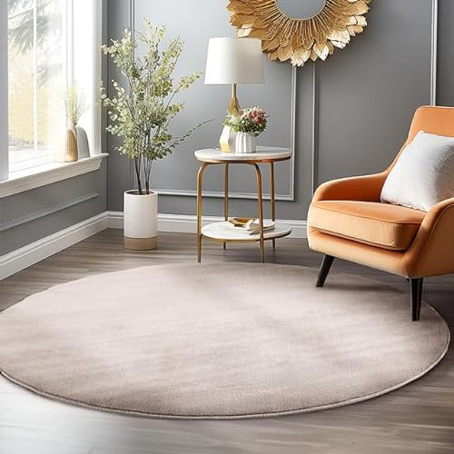 HomebyHome Kurzflor Teppich Wohnzimmer 120 cm Rund Beige - Waschbarer, Flauschiger und Rutschfester Teppich für Schlaf-, Ess- und Küchenbereich - Modern und Extra Weich