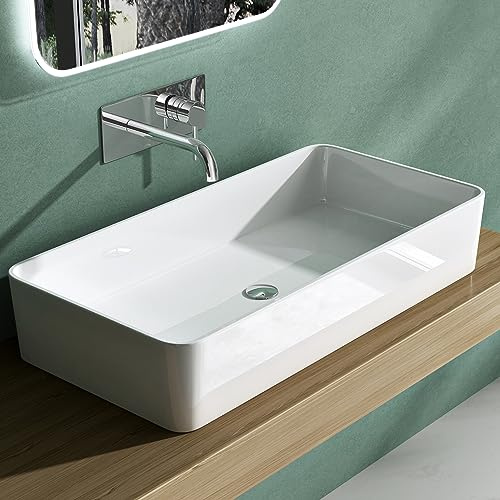 Mai & Mai Aufsatzwaschbecken Waschbecken BTH: 80x40x15cm Waschtisch in Weiß glänzend aus Mineralguss ohne Armaturenloch Col102