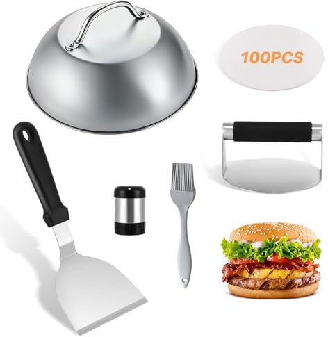 6pcs Burger Smasher Press Set Stainless Steel, Griddle Accessories with Cheese Melting Dome, Spatula, Brush, Oil absorbing Paper und Condiment Bottle, Burger Making Tools for Flat Top Grill Cooking