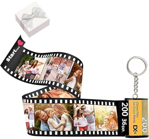 Personalised Film Roll Keychain with Photo 10/15/20/25 Pcs With Wooden Camera Packaging Box, Colorful Picture and Text Custom Camera Roll Film Keyring Christmas Holiday for Woman Dad Mom (LOVE)