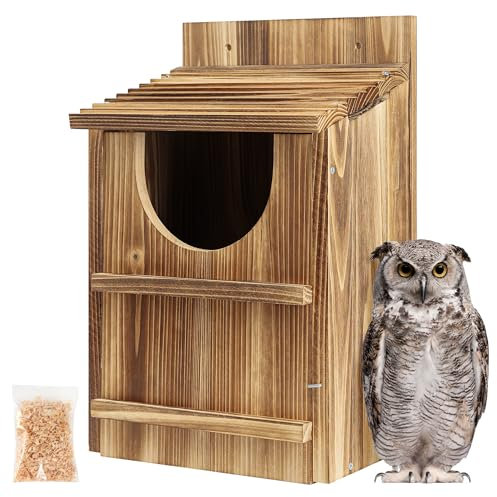 UUMENHA Owl House,Carbonized Cedar Large Owl Bird Box with Shavings,Owl Boxes for Outside 14.5×9×7.5 inches,Owl Nesting Box for Wildlife Lovers,Easy Assembly Required