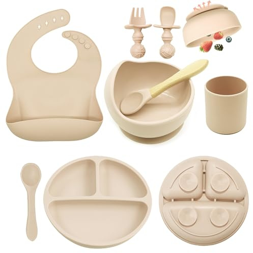 Baby Feeding Set, 8 Pack Baby Led Weaning Supplies, Suction Bowl Divided Plate, Toddler Self Feeding Dish Set with Spoons Forks Sippy Cup Adjustable Bib, Eating Utensils for 6+ Months (Beige)
