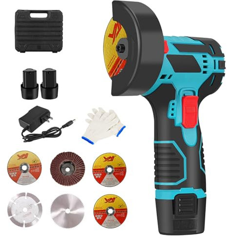 12V Mini Cordless Angle Grinder, Brushless Battery Angle Grinder with 6 Cutting Discs & 1 Gloves, 2pcs 1500mAh Batteries, 19500 RPM Grinding Machine for Cutting, Polishing and Grinding
