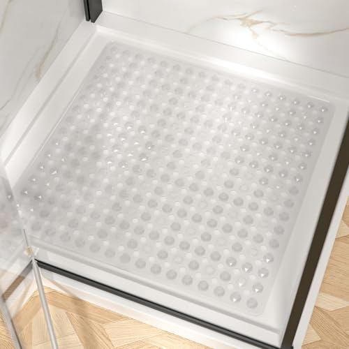 HITSLAM Alfombra Ducha Antideslizante 60x60cm, Cuadrada Alfombrilla Ducha Antideslizante con Ventosas, Lavables a máquina Alfombrilla Baño Libre de BPA Resistente al Moho, Transparente
