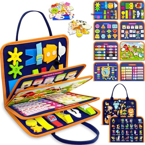 Busy Board Montessori,Libro Montessori Interattivo in Feltro, Valigetta Sensoriale Educativa per Bambini 1-5 Anni, Giochi da Viaggio, Tavola Sensoriale per Apprendere Abilità di Vita, Regalo Educativo
