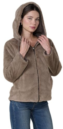 Koroshi Chaqueta mujer reversible acolchada efecto pelo, capucha ajustable, cremallera metálica y cordón., de color marron/brown, Talla S