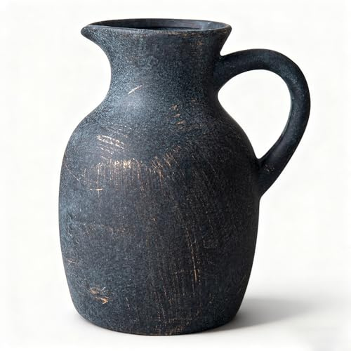 Magclay Ceramic Rustic Vase with Handle, Decorative Jug Pitcher, Terracotta Stone Vase for Decor Living Room, Vintage Home Decor, Black
