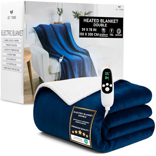 Get Trend Elektrisk värmefilt 150 x 200 cm, sherpa-fleecepläd, 9 nivåer med 12 timmars automatisk avstängning, maskintvättbar, presentidé (marinblå, dubbel EU)